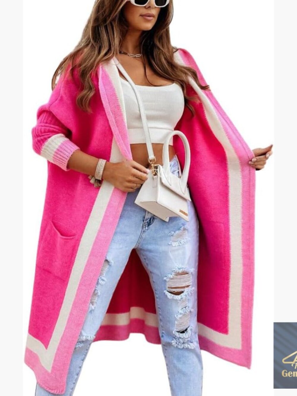 Oversized Hooded Long Cardigan Sweater with Pockets, Striped, Lightweight
